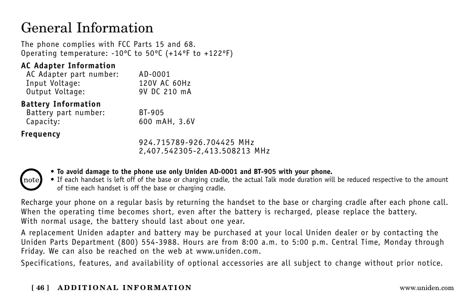 General information | Uniden Answering Machine User Manual | Page 46 / 52