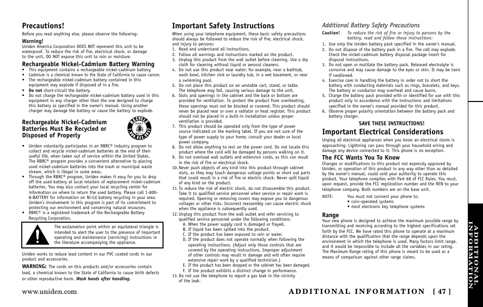Precautions, Important safety instructions, Important electrical considerations | Uniden Answering Machine User Manual | Page 47 / 52