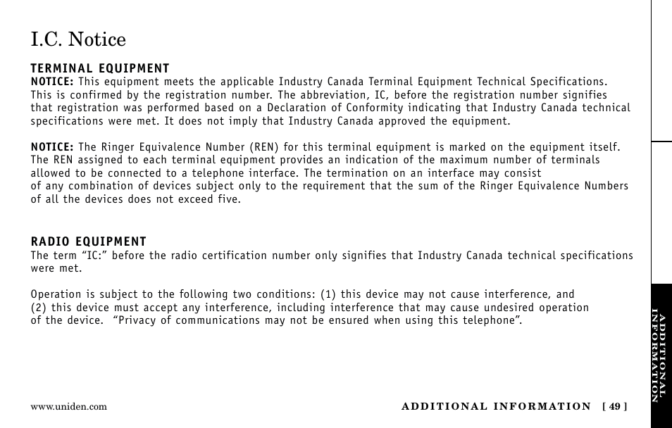 I.c. notice | Uniden Answering Machine User Manual | Page 49 / 52