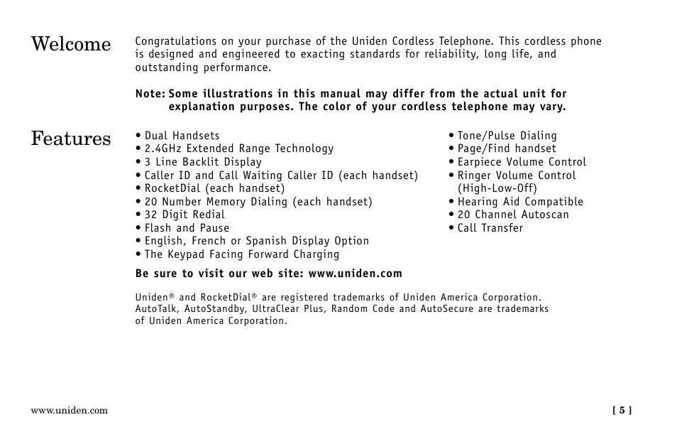 Welcome, Features | Uniden Answering Machine User Manual | Page 5 / 52