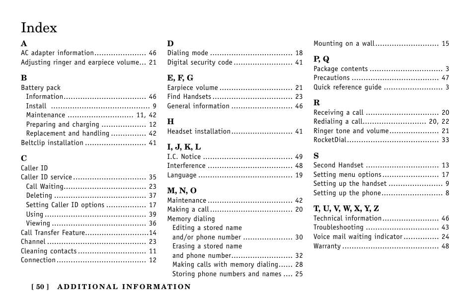 Index | Uniden Answering Machine User Manual | Page 50 / 52