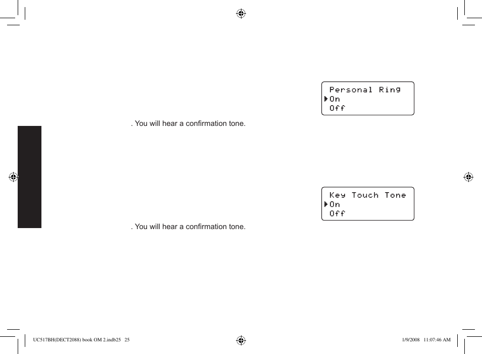 Activating personal ring (handset only), Activating the key touch tone | Uniden DECT2088 Series User Manual | Page 26 / 72