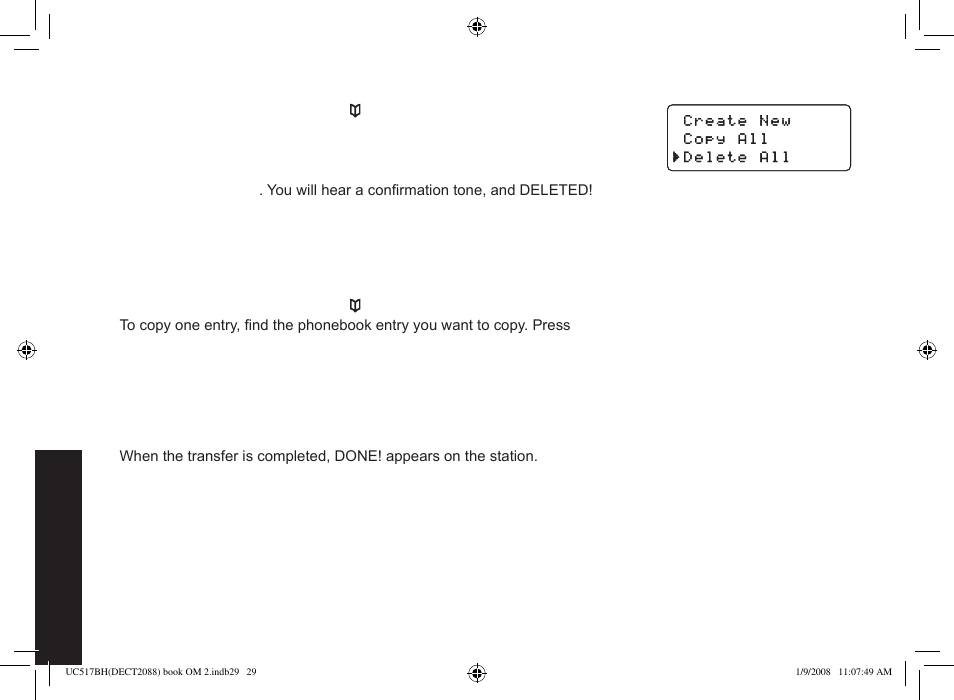 Deleting all phonebook entries, Copying phonebook entries to another station | Uniden DECT2088 Series User Manual | Page 30 / 72