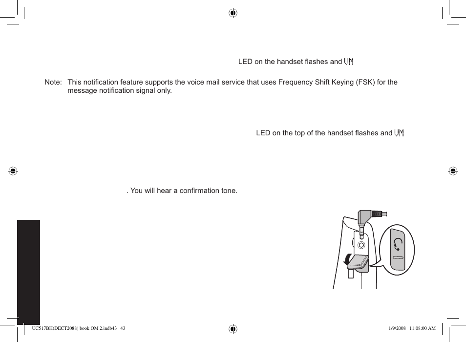 Using a voice mail service, Installing the optional headset | Uniden DECT2088 Series User Manual | Page 44 / 72