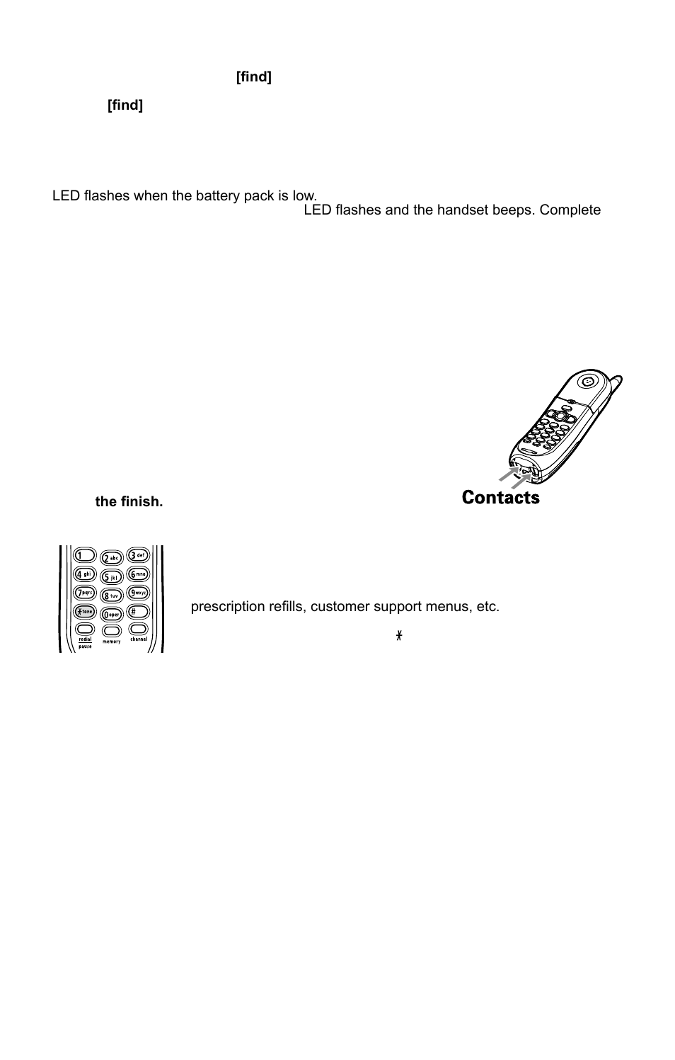 Find handset, Low battery alert, Cleaning the battery charging contacts | Tone dialing switch-over | Uniden 4541 User Manual | Page 7 / 12