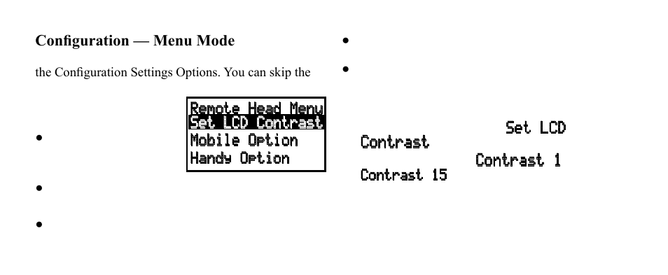 Configuration — menu mode, Setting the bc-rh96 lcd contrast | Uniden BC-RH96 User Manual | Page 18 / 28