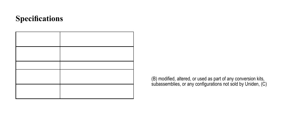 One year limited warranty, Specifications, Specifications one year limited warranty | Uniden BC-RH96 User Manual | Page 26 / 28