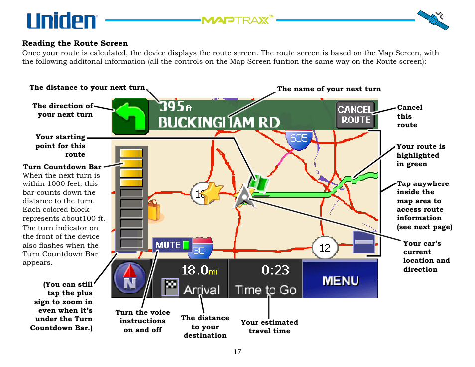 Reading the route screen, Reading.the.route.screen | Uniden GPS402 User Manual | Page 17 / 35