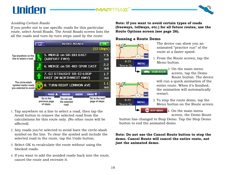 Running a route demo, Running.a.route.demo | Uniden GPS402 User Manual | Page 19 / 35