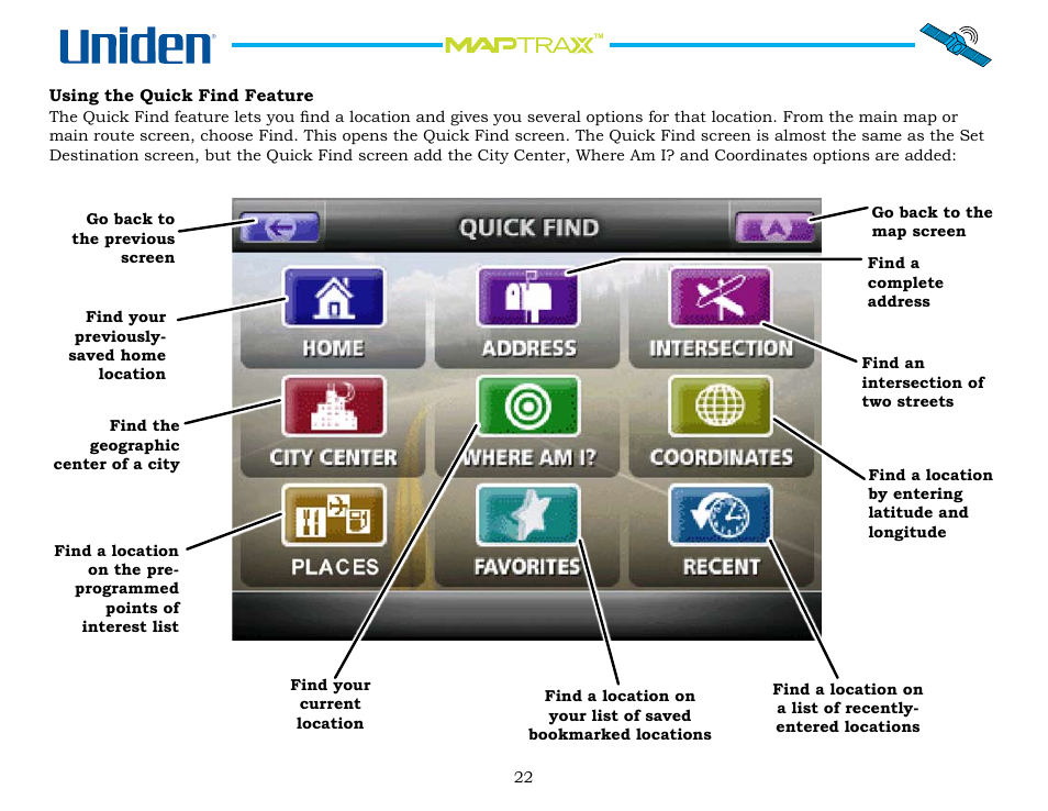 Using the quick find feature, Using.the.quick.find.feature | Uniden GPS402 User Manual | Page 22 / 35