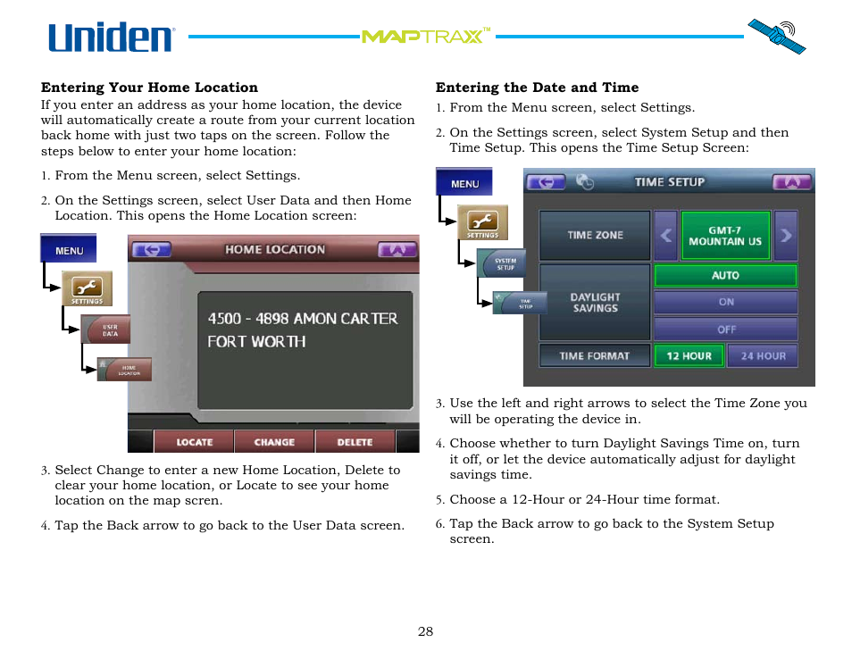 Entering your home location, Entering the date and time | Uniden GPS402 User Manual | Page 28 / 35