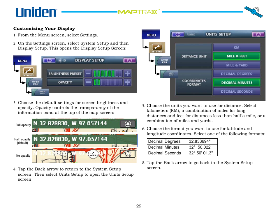 Customizing your display | Uniden GPS402 User Manual | Page 29 / 35