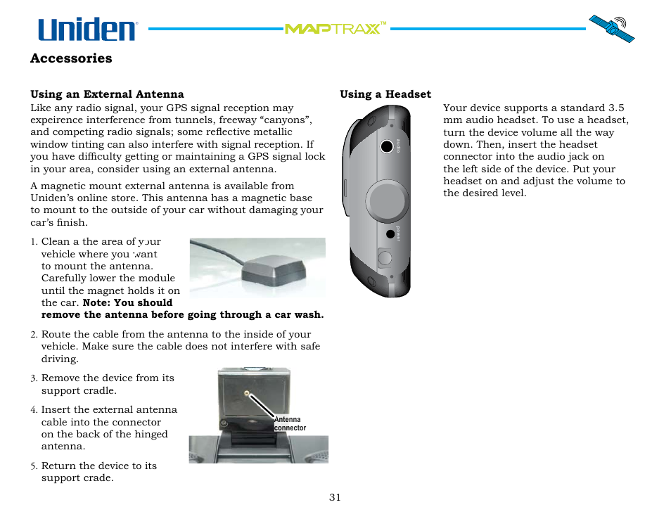 Accessories, Using an external antenna, Using a headset | Using.an.external.antenna, Using.a.headset | Uniden GPS402 User Manual | Page 31 / 35