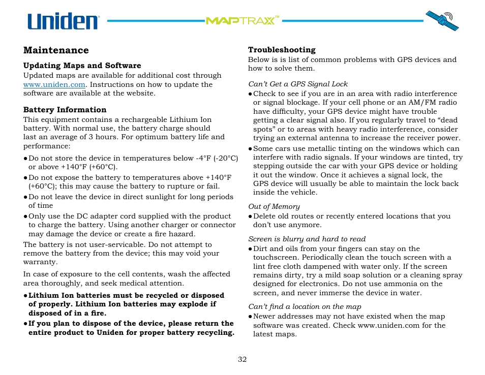 Maintenance, Updating maps and software, Battery information | Troubleshooting, Updating.maps.and.software, Battery.information | Uniden GPS402 User Manual | Page 32 / 35