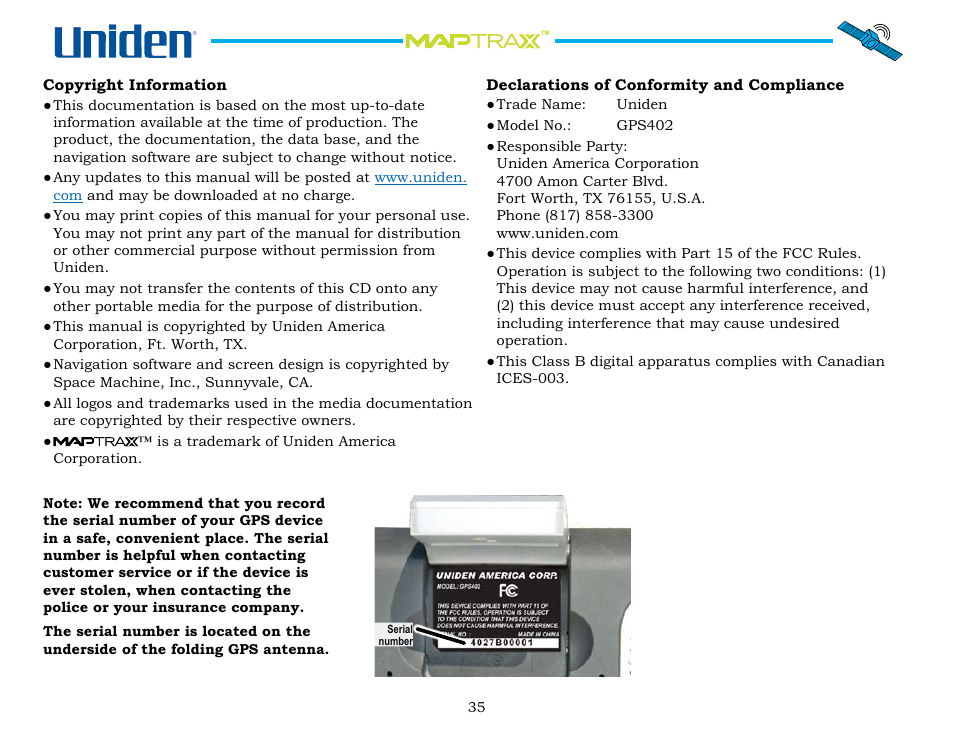 Copyright information, Declarations of conformity and compliance, Copyright.information | Declarations.of.conformity.and.compliance | Uniden GPS402 User Manual | Page 35 / 35
