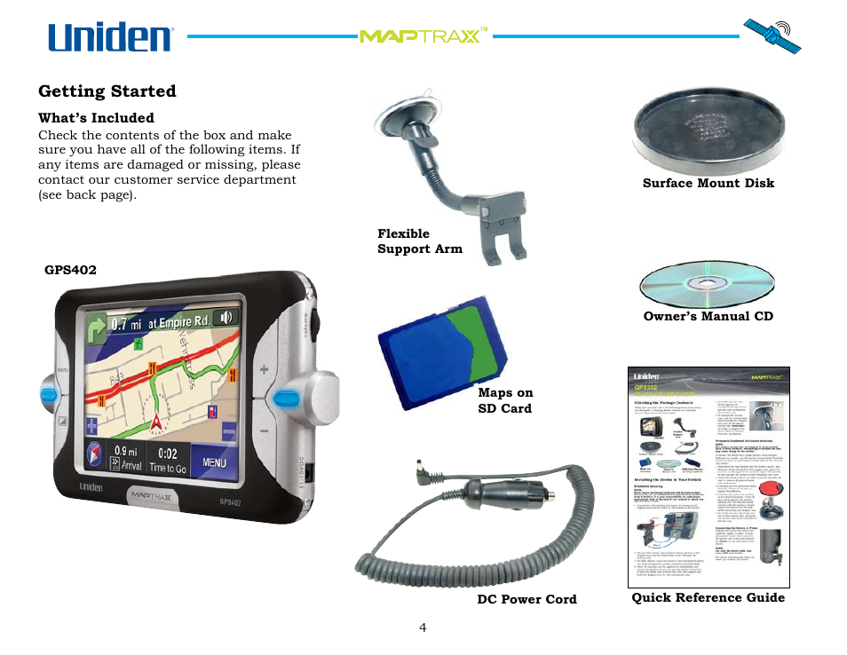 Getting started, What’s included, Getting.started | What’s.included | Uniden GPS402 User Manual | Page 4 / 35