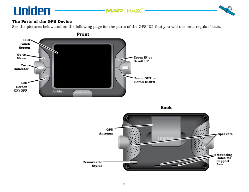 The parts of the gps device, The.parts.of.the.gps.device, Front | Back | Uniden GPS402 User Manual | Page 5 / 35
