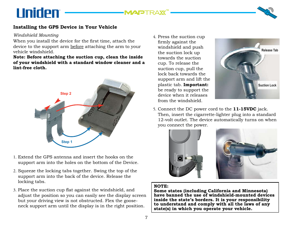 Installing the gps device in your vehicle, Installing.the.gps.device.in.your.vehicle | Uniden GPS402 User Manual | Page 7 / 35