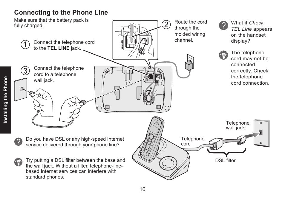 Connecting to the phone line, Connecting.to.the.phone.line | Uniden DECT1560 Series User Manual | Page 10 / 64