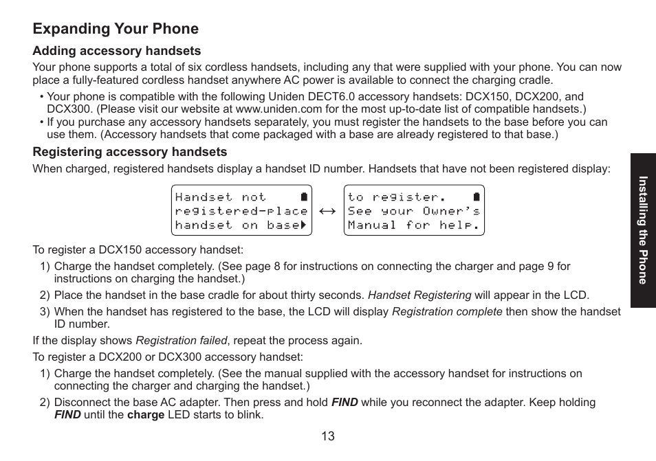 Expanding your phone, Adding accessory handsets, Registering accessory handsets | Expanding.your.phone | Uniden DECT1560 Series User Manual | Page 13 / 64