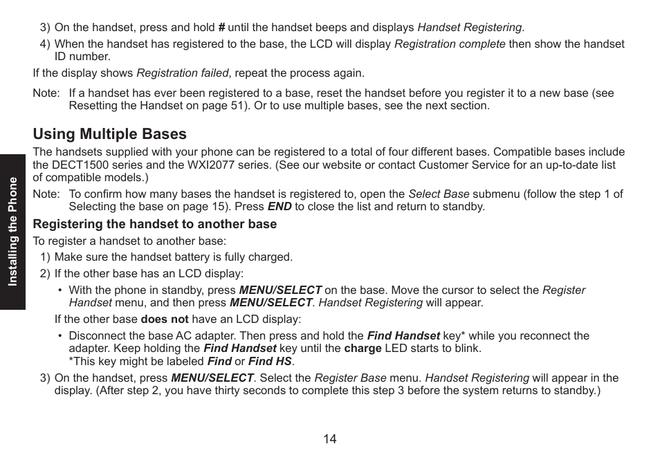 Using multiple bases, Registering the handset to another base, Using.multiple.bases | Registering.the.handset.to.another.base | Uniden DECT1560 Series User Manual | Page 14 / 64