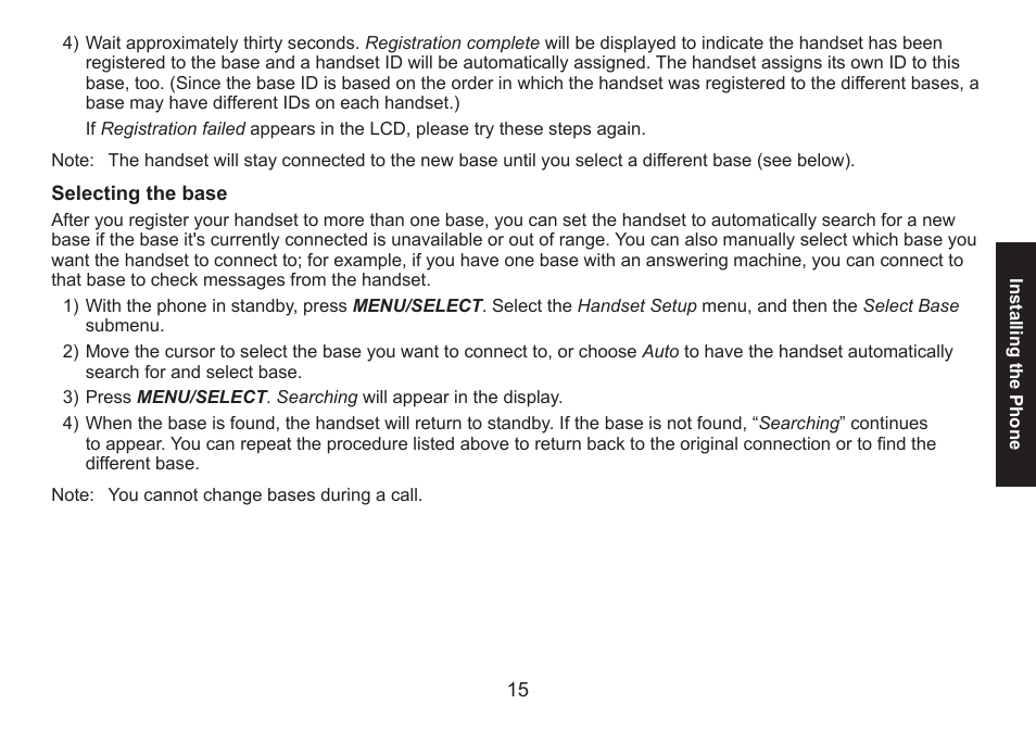 Selecting the base, Selecting.the.base | Uniden DECT1560 Series User Manual | Page 15 / 64