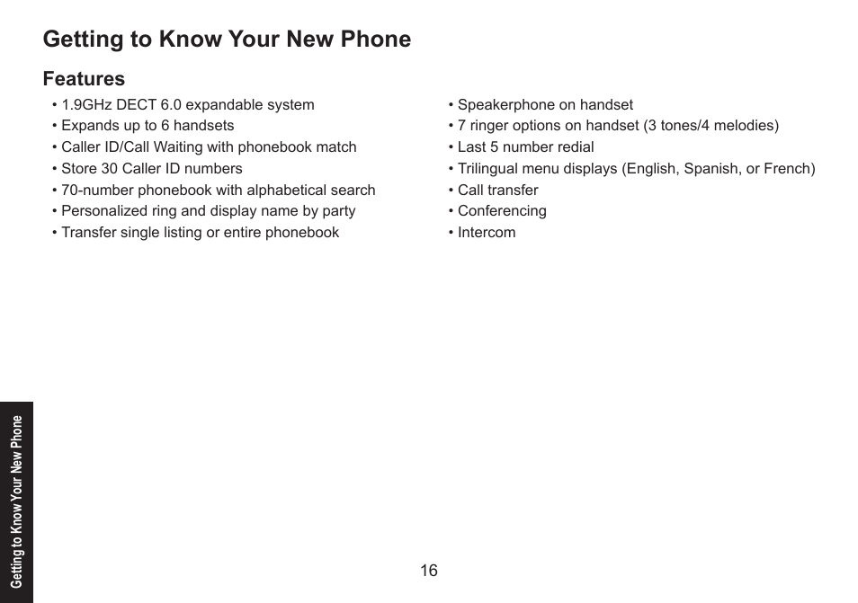 Getting to know your new phone, Features | Uniden DECT1560 Series User Manual | Page 16 / 64