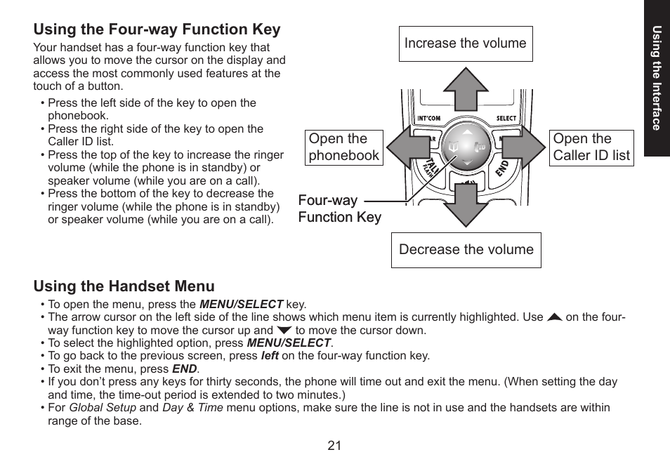 Using the four-way function key, Using the handset menu | Uniden DECT1560 Series User Manual | Page 21 / 64