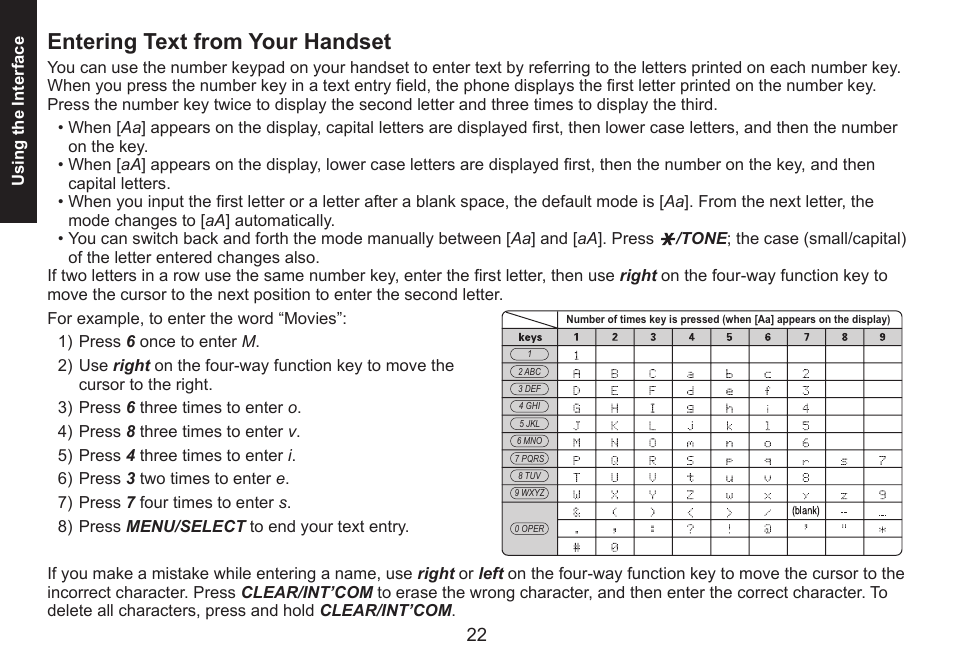 Entering text from your handset, Entering.text.from.your.handset | Uniden DECT1560 Series User Manual | Page 22 / 64