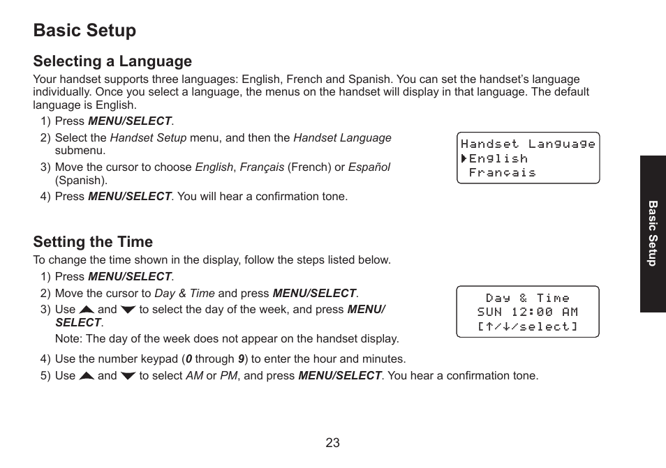 Basic setup, Selecting a language, Setting the time | Uniden DECT1560 Series User Manual | Page 23 / 64