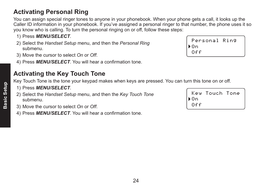 Activating personal ring, Activating the key touch tone | Uniden DECT1560 Series User Manual | Page 24 / 64