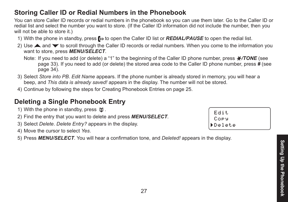 Deleting a single phonebook entry, Storing.caller.id.or.redial.numbers | Uniden DECT1560 Series User Manual | Page 27 / 64