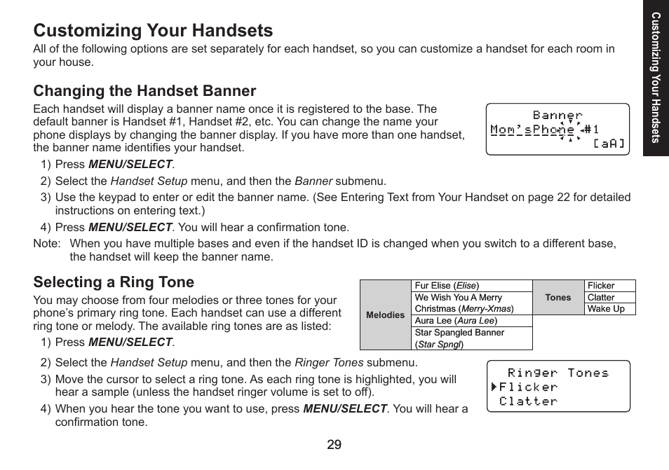 Customizing your handsets, Changing the handset banner, Selecting a ring tone | Uniden DECT1560 Series User Manual | Page 29 / 64