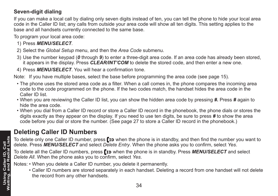 Seven-digit dialing, Deleting caller id numbers, Seven-digit.dialing | Deleting.caller.id.numbers | Uniden DECT1560 Series User Manual | Page 34 / 64