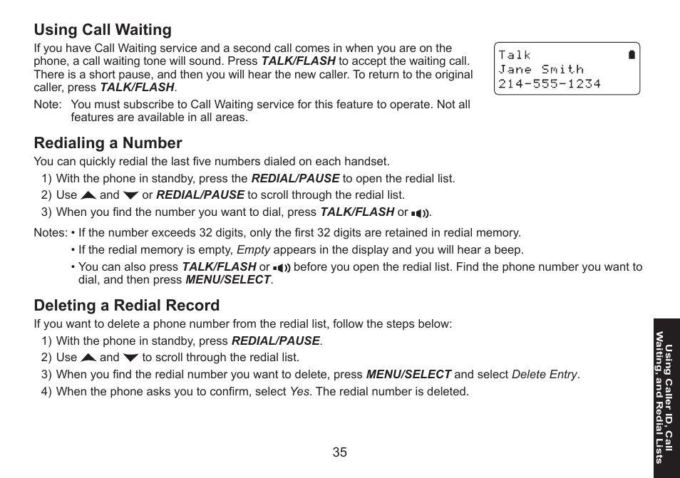 Using call waiting, Redialing a number, Deleting a redial record | Uniden DECT1560 Series User Manual | Page 35 / 64