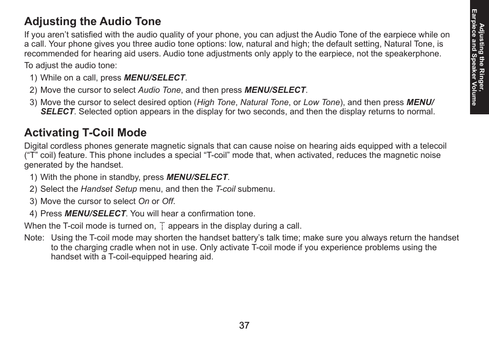 Adjusting the audio tone, Activating t-coil mode, Adjusting.the.audio.tone activating.t-coil.mode | Uniden DECT1560 Series User Manual | Page 37 / 64