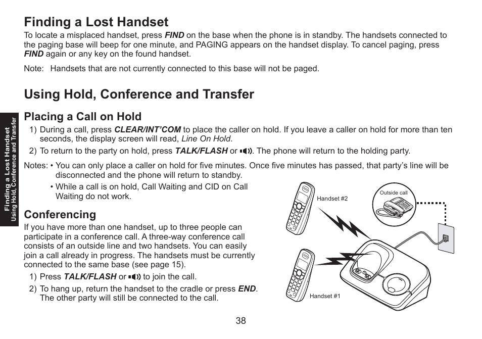 Finding a lost handset, Using hold, conference and transfer, Placing a call on hold | Conferencing, Placing.a.call.on.hold conferencing | Uniden DECT1560 Series User Manual | Page 38 / 64