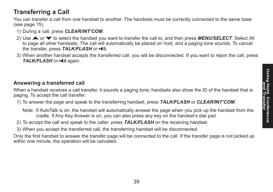 Transferring a call, Answering a transferred call, Transferring.a.call | Answering.a.transferred.call | Uniden DECT1560 Series User Manual | Page 39 / 64