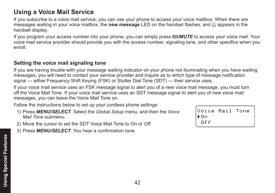 Using a voice mail service, Setting the voice mail signaling tone, Using.a.voice.mail.service | Setting.the.voice.mail.signaling.tone | Uniden DECT1560 Series User Manual | Page 42 / 64