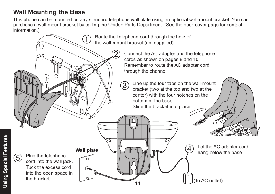 Wall mounting the base, Wall.mounting.the.base | Uniden DECT1560 Series User Manual | Page 44 / 64