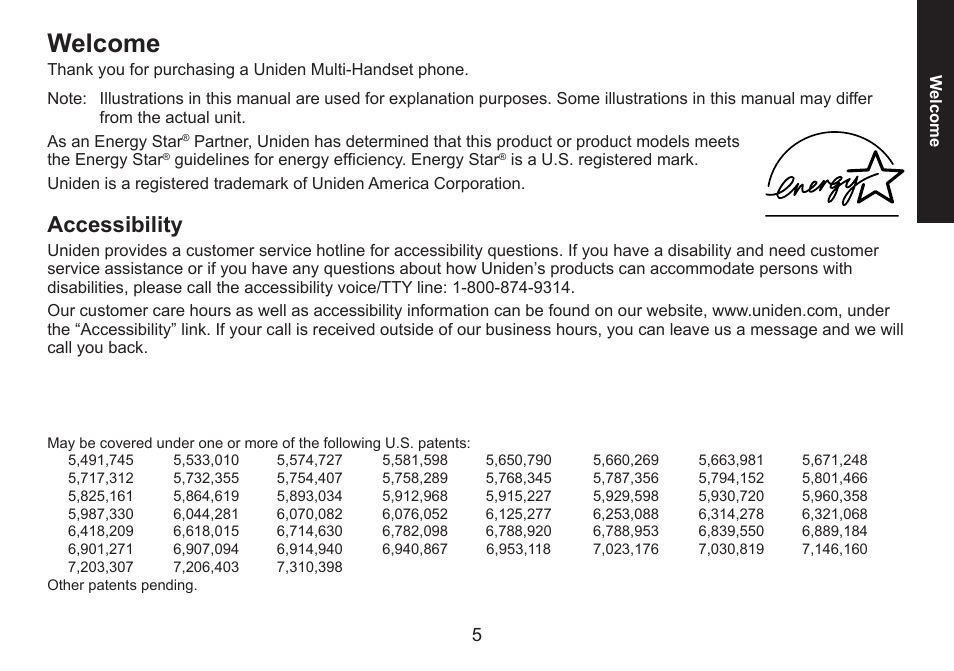 Welcome, Accessibility | Uniden DECT1560 Series User Manual | Page 5 / 64