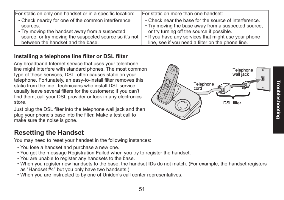 Installing a telephone line filter or dsl filter, Resetting the handset, Resetting.the.handset | Uniden DECT1560 Series User Manual | Page 51 / 64