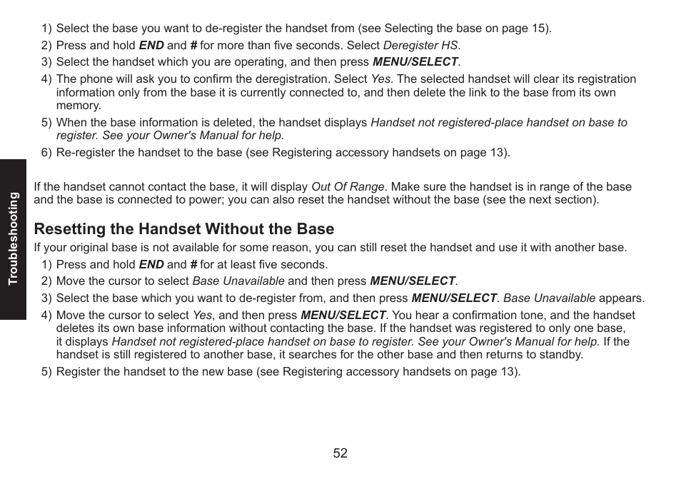 Resetting the handset without the base, Resetting.the.handset.without.the.base | Uniden DECT1560 Series User Manual | Page 52 / 64