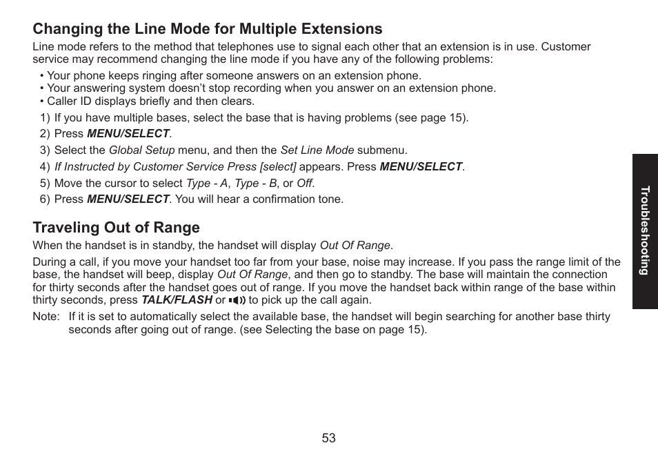 Changing the line mode for multiple extensions, Traveling out of range | Uniden DECT1560 Series User Manual | Page 53 / 64