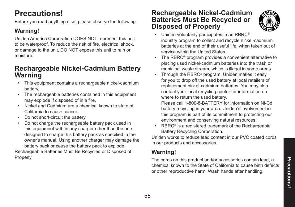 Precautions, Rechargeable nickel-cadmium battery warning, Recycled.or.disposed.of.properly | Uniden DECT1560 Series User Manual | Page 55 / 64