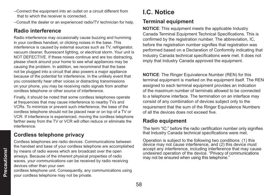 Radio interference, Cordless telephone privacy, I.c. notice | Terminal equipment, Radio equipment, Terminal.equipment radio.equipment, Radio.interference cordless.telephone.privacy, I.c..notice | Uniden DECT1560 Series User Manual | Page 58 / 64