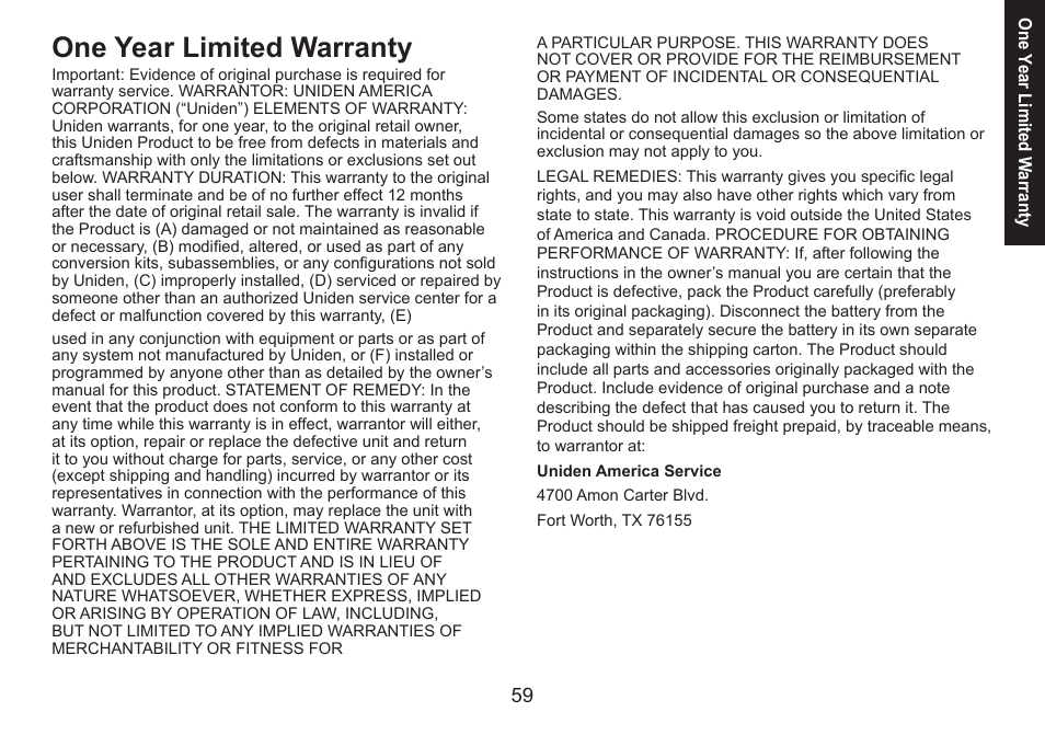 One year limited warranty | Uniden DECT1560 Series User Manual | Page 59 / 64