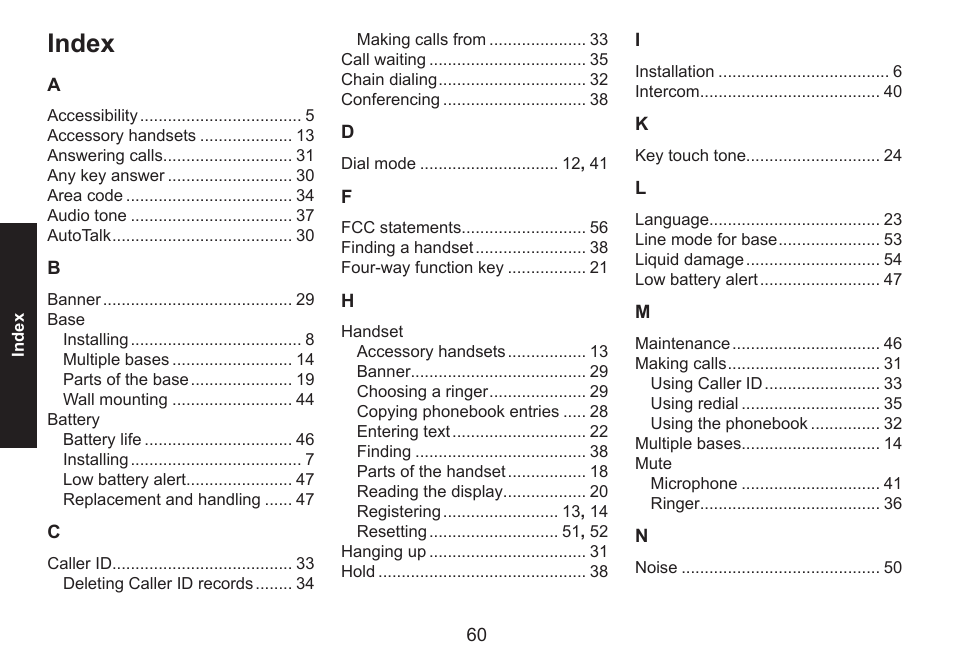 Index | Uniden DECT1560 Series User Manual | Page 60 / 64