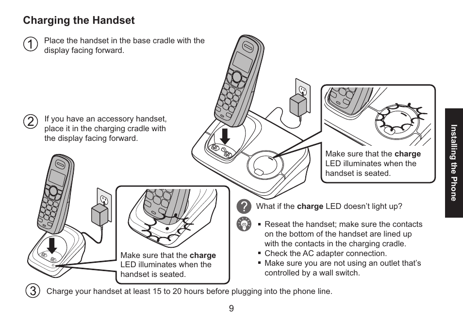 Charging the handset, Charging.the.handset | Uniden DECT1560 Series User Manual | Page 9 / 64