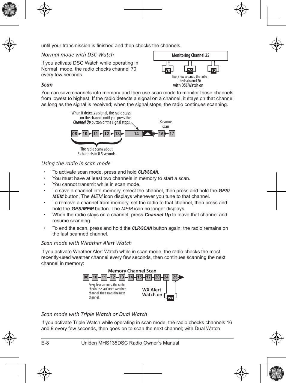 Normal mode with dsc watch, Scan, Using the radio in scan mode | Scan mode with weather alert watch, Scan mode with triple watch or dual watch | Uniden MHS135DSC User Manual | Page 12 / 42
